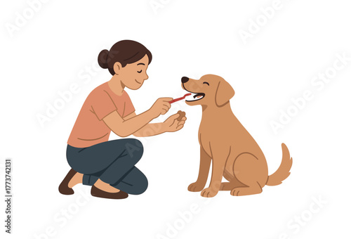 dental toothbrush training dog oral care education and positive reinforcement flat vector illustration style isolated on white background