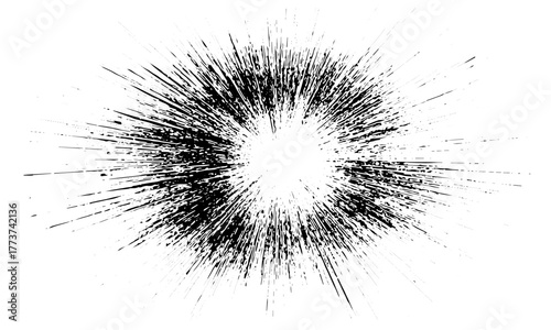 Distressed black and white texture with sun rays pattern, Abstract grunge explosion with ink style lines background