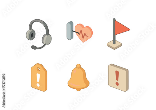 isometric icon items isolated on white background concern counselor headset mic concern pulse check sensor concern sentinel flag marker concern priority tag label concern mindfulness bell