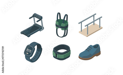 isometric icon items isolated on white background walking therapy treadmill track mat walking therapy gait belt harness walking therapy balance bar rail walking therapy pedometer wristband