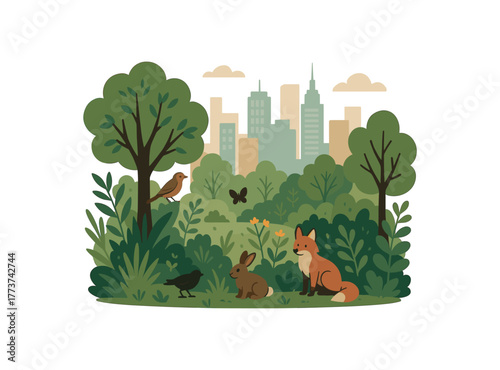urban forest pocket rewilding city landscape and biodiversity boost flat vector illustration style isolated on white background