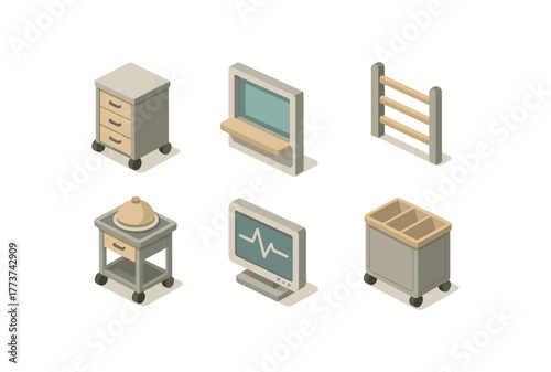 isometric icon items isolated on white background ward medicationtrolley drawer ward observation window hatch ward safetyrail panel ward mealtray service cart ward telemetry display screen