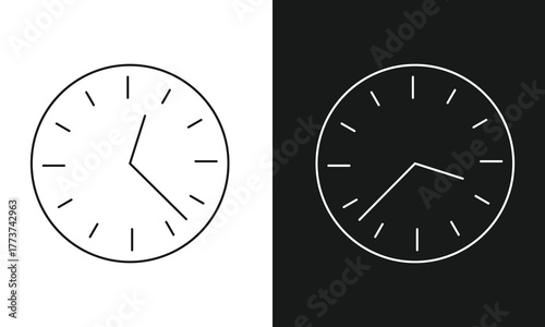Minimalist Clock Line Art Icon, Simple Analog Timepiece Symbol with Hands and Tick Marks, Modern Vector Graphic for Schedule, Deadline, and Time Management, Black and White Versions.