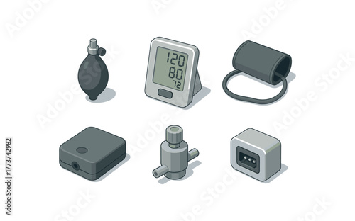 isometric icon items isolated on white background blood pressure monitor cuff inflation bulb blood pressure monitor digital display panel blood pressure monitor pressure cuff tubing blood
