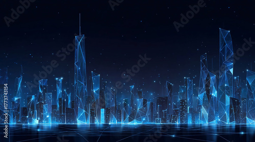 Futuristic city landscape background blue. Low poly wireframe night buildings with glowing effect.