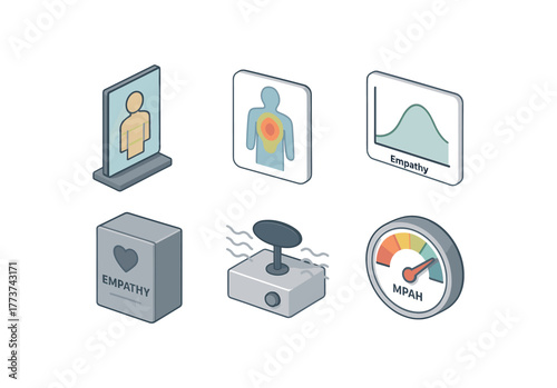isometric icon items isolated on white background empathy mirror neuron network empathy heatmap overlay empathy response curve empathy training module empathy resonance filter empathy scale