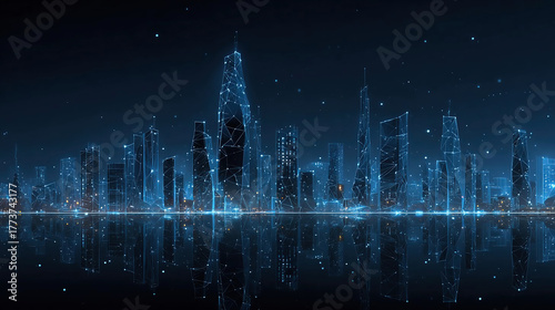 Futuristic city landscape background blue. Low poly wireframe night buildings with glowing effect.