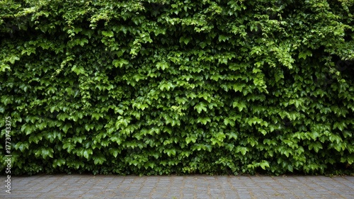 Close view of lush ivy leaves, showcasing vivid green tones. Natural lighting enhances texture and color. Foliage seems abundant and thriving. Neural network AI generated