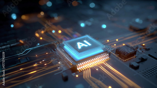AI isometric futuristic chip with electric circuit wires on technology background. Artificial Intelligence hologram logo on light glowing semiconductor. Tech bg.