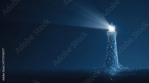 Abstract digital lighthouse with a bright beam on a dark blue technology background in a futuristic style.