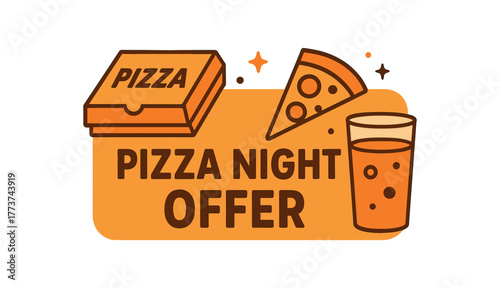 Flat vector banner design text PIZZA NIGHT OFFER supporting icons of pizza box slice and glass orange and brown palette