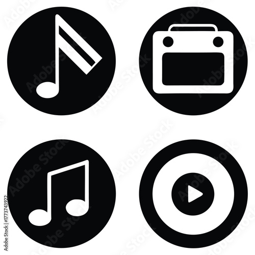 Collection of media icons black and white music video and audio