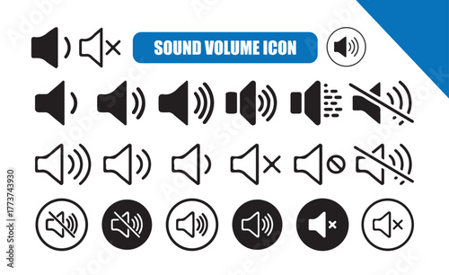 Volume icon set in black Volume and sound level icon set, speaker audio symbols, sound wave increasing, loudspeaker vector illustration eps 10