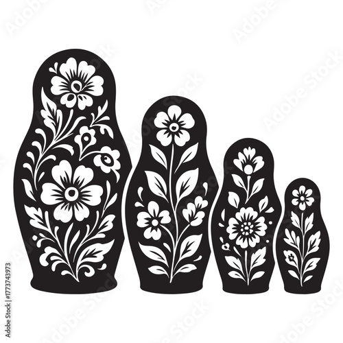 Russian nesting dolls black silhouette with floral pattern