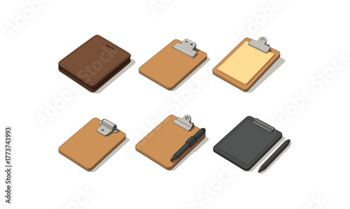 isometric icon items isolated on white background clipboard leather cover clipboard magnetic clip clipboard legalpad refill clipboard adjustable hinge clipboard pen holster clipboard
