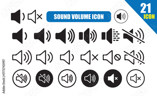Volume icon set in black Volume and sound level icon set, speaker audio symbols, sound wave increasing, loudspeaker vector illustration eps 10