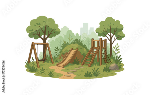 rewilded playground integrating nature into urban recreation spaces flat vector illustration style isolated on white background
