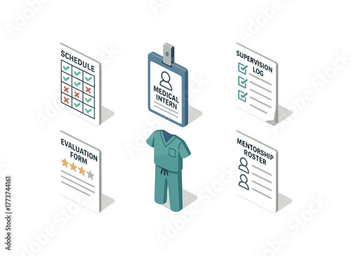 isometric icon items isolated on white background medical intern rotations schedule medical intern badge holder medical intern supervision log medical intern evaluation form medical intern