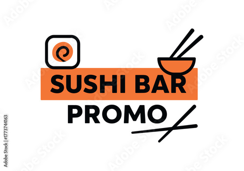 Flat vector banner design text SUSHI BAR PROMO supporting icons of sushi roll chopsticks and bowl black and orange palette