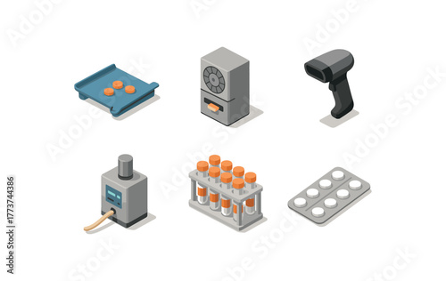 isometric icon items isolated on white background medication dispensing pill tray medication dispensing automated carousel medication dispensing barcode scanner medication dispensing dosing