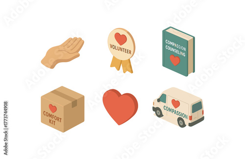 isometric icon items isolated on white background compassion caring hand icon compassion volunteer badge compassion counseling handbook compassion comfort kit box compassion empathy heart