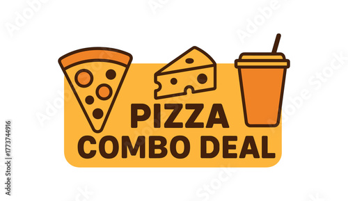 Flat vector banner design text PIZZA COMBO DEAL supporting icons of pizza slice cheese and drink and brown tones