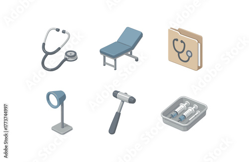 isometric icon items isolated on white background general practitioner stethoscope set general practitioner examination couch general practitioner patient file folder general practitioner