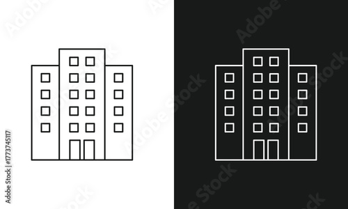 Minimalist Office Building Line Art Icon, Simple Apartment Block or Hotel Symbol, Modern Vector Graphic for Corporate, Real Estate, and Business Architecture, Black and White Versions.