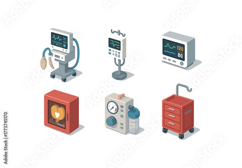 isometric icon items isolated on white background intensive care unit ventilator module intensive care unit infusion pump intensive care unit patient monitor intensive care unit