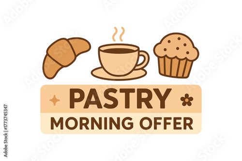 Flat vector banner design text PASTRY MORNING OFFER supporting icons of croissant cup and muffin beige and cream palette