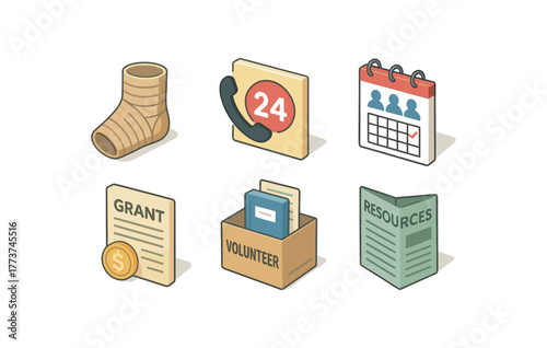 isometric icon items isolated on white background support brace bandage wrap support network hotline number support group meeting schedule support funding grant form support volunteer