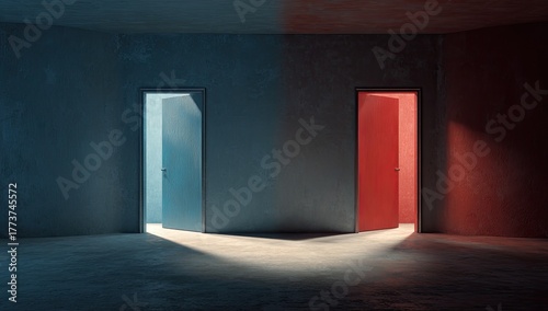 Three doors, two colors, illuminated path