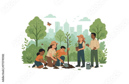 city rewilding festival community planting and biodiversity awareness event flat vector illustration style isolated on white background