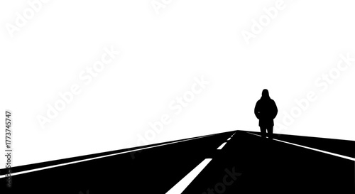 Monochrome vector of a person walking alone on an empty road, isolated silhouette