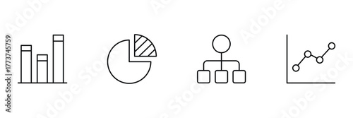 Stacked bar chart, sliced pie graph, level hierarchy flow, simple data line chart icon set, visualization vector illustration, minimal analytics art,