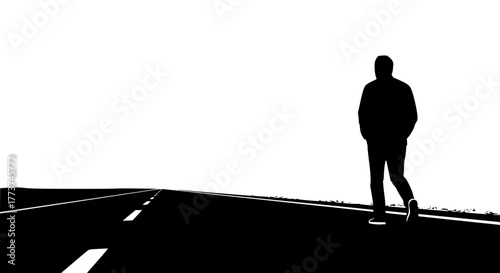Monochrome vector of a person walking alone on an empty road, isolated silhouette