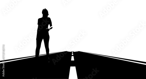 Monochrome vector of a person walking alone on an empty road, isolated silhouette