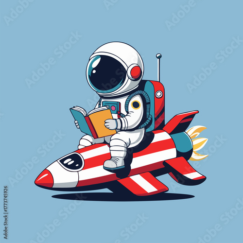 A charming illustration of a joyful astronaut lounging on a rocket, holding a glowing book filled with cosmic adventures, while colorful meteors streak by in the night sky.
