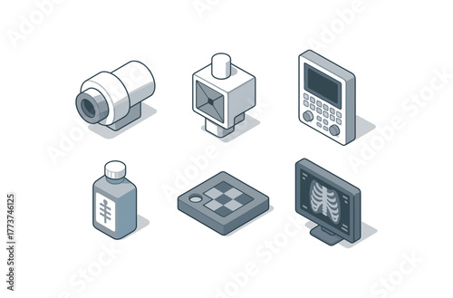 isometric icon items isolated on white background xray image tube housing xray image collimator xray image control panel xray image contrast agent xray image calibration phantom xray image