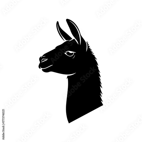A simple black silhouette of a llama head and neck in profile, isolated against a clean white background.