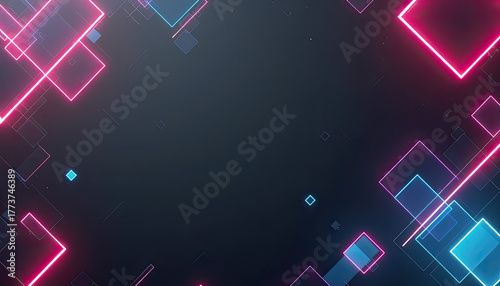 Bright neon geometric square shapes and lines glow in vibrant pink and blue, creating an abstract digital background wallpaper for any desktop.