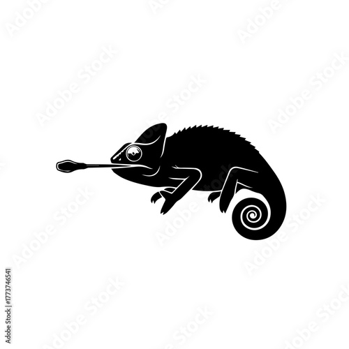 Black silhouette of a chameleon with its long, sticky tongue extended to catch prey on a white background.