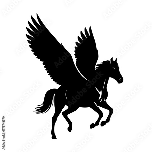 Silhouette of a black Pegasus with large wings in flight.