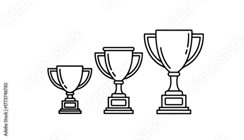 Three outlined trophy cups of varying sizes, representing different levels of achievement and success.