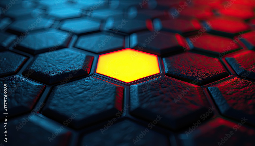 Obraz premium A bright yellow hexagon radiates light from a dark blue and red textured geometric grid, creating a striking desktop background wallpaper.
