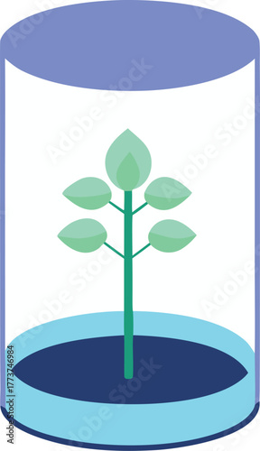 Transparent aquaponic cylinder with floating neon elements and plants