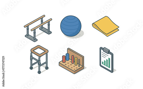 isometric icon items isolated on white background rehabilitation parallel bars set rehabilitation exercise therapy ball rehabilitation resistance band rehabilitation gait trainer
