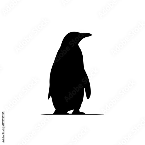 Black silhouette of a standing penguin against a white background, a simple and iconic animal illustration.