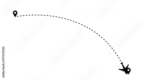 Airplane dashed lines path with start point and end point dash line trace. Flight route with start point and end point dash line trace, with alpha chanel 4K animation