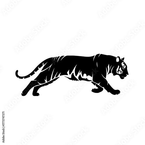 Black silhouette of a tiger walking on a white background.